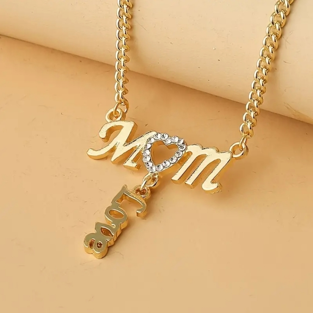 New gold tone and rhinestone Mom necklace